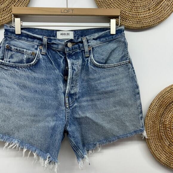 $150 AGOLDE Cut Off Button Fly Raw Edge Distressed Riley Jean Short Denim 29 - Picture 4 of 6